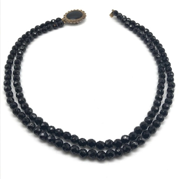 Vintage Black Jet Faceted Glass Beaded Double Strand Long Statement Necklace - Picture 1 of 9